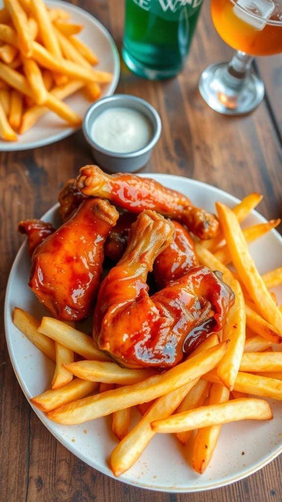 Crispy chicken wings with sauce and golden French fries on a rustic table.